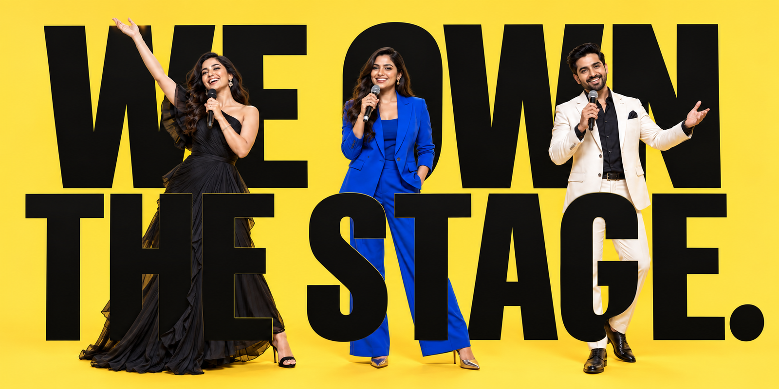 Three fictional emcees in black, cobalt and ivory outfits, holding microphones against a yellow billboard